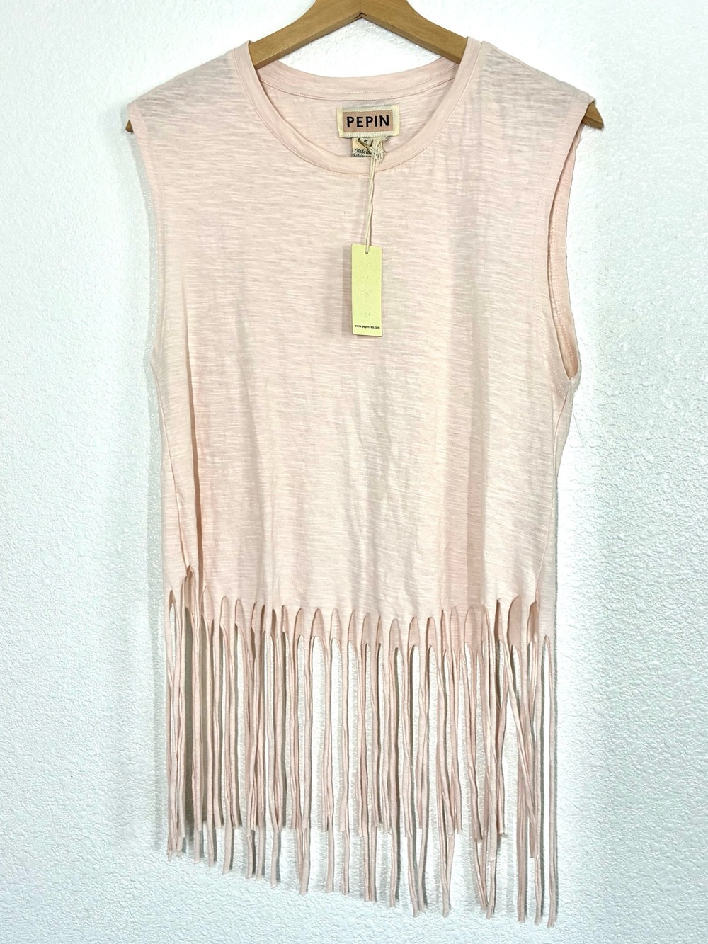 Pepin Tank Top Womens M Pink Crew Neck Sleeveless Fringe Hem 100% Cotton Jersey